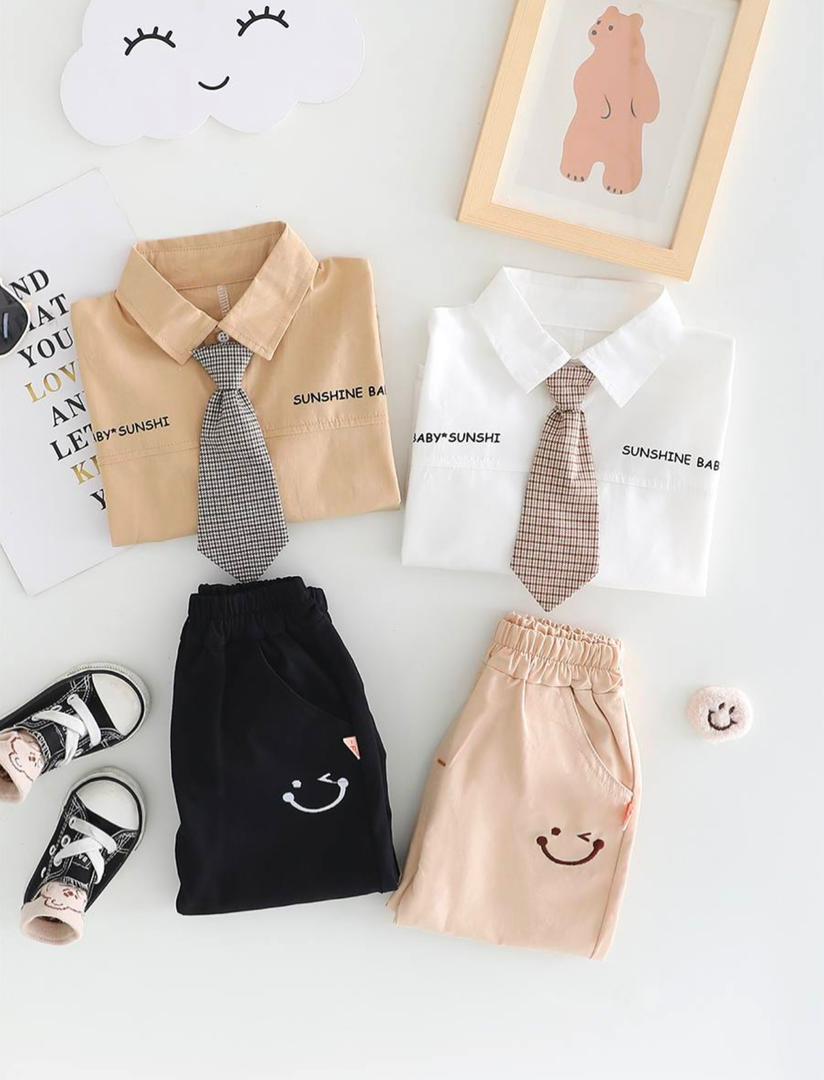 پیراهن سفید با کراوات و شلوار کرم کد 2066